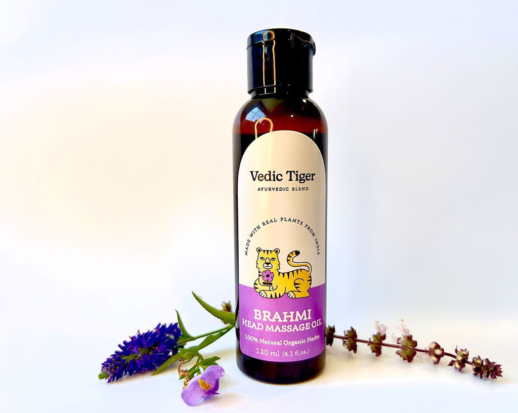Vedic Tiger's Brahmi Head Massage Oil for shiny hair relaxation and sound sleep relives muscle and joint pains