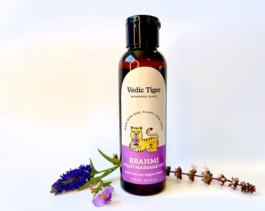 Vedic Tiger's Brahmi Massage Oil for head neck shoulders to calm and relax muscle and joints